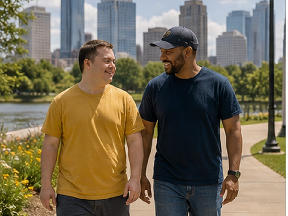 Adult client and support professional walking together in a Houston park