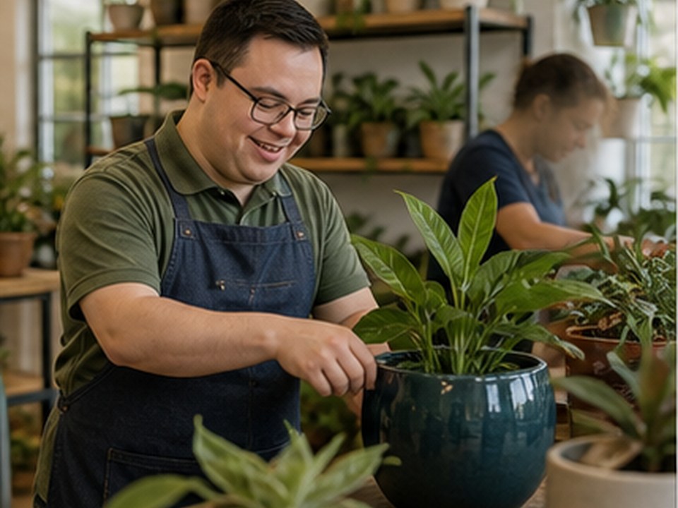 Adult client participating in a plant shop activity with support nearby