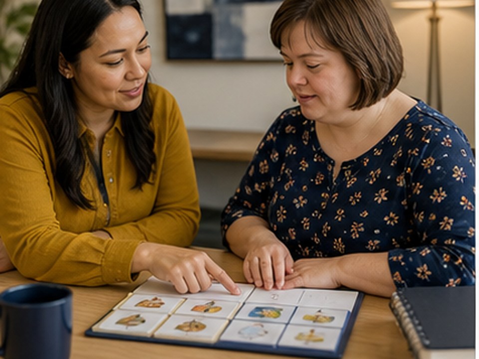 Support professional and adult client reviewing a visual wellness routine